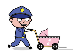 Walking with Pram - Retro Cop Policeman Vector Illustration