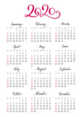 Basic pocket calendar layout for 2020 year. Annual calendar classic light design for printing vector illustration. English square template with dates grid on white background. Week starts from Sunday.