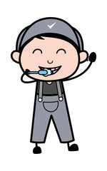 Brushing Teeth - Retro Repairman Cartoon Worker Vector Illustration