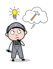 Got an Idea to Work with Hammer Tool - Retro Repairman Cartoon Worker Vector Illustration
