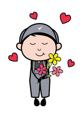 Feeling Loved and Presenting Flowers - Retro Repairman Cartoon Worker Vector Illustration