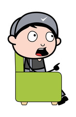 Shouting and Pointing with Finger - Retro Repairman Cartoon Worker Vector Illustration