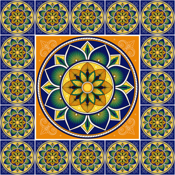 Italian tile pattern floor vector with ceramic vintage print. Big element in center with frame. Mosaic background with portugal azulejos, mexican talavera, sicily majolica, spanish, moroccan motifs.