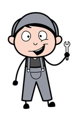 Showing a Wrench Tool - Retro Repairman Cartoon Worker Vector Illustration