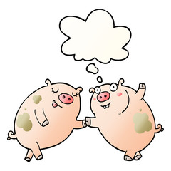 cartoon pigs dancing and thought bubble in smooth gradient style