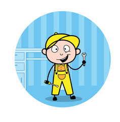 Happy Worker with Tool - Retro Repairman Cartoon Worker Vector Illustration