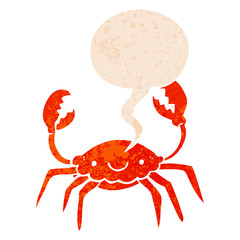 cartoon crab and speech bubble in retro textured style