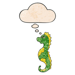 cartoon sea horse and thought bubble in grunge texture pattern style