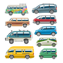 Minivan car van auto vehicle family minibus vehicle and automobile banner isolated citycar on white background illustration