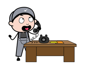 Talking on Phone - Retro Repairman Cartoon Worker Vector Illustration
