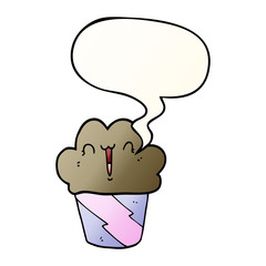 cartoon cupcake and face and speech bubble in smooth gradient style