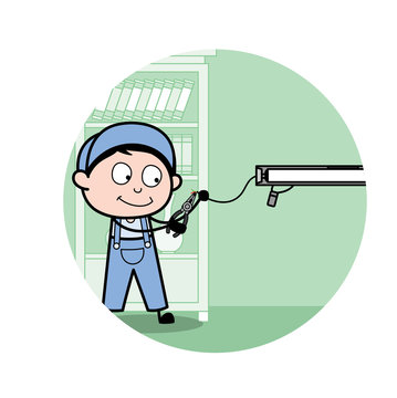 recommend clip art: Adjusting Wire of Tube Light - Retro Repairman Cartoon Worker Vector Illustration