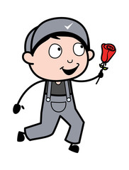 Fototapeta premium Proposing with Rose - Retro Repairman Cartoon Worker Vector Illustration