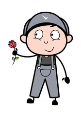 Presenting a Rose - Retro Repairman Cartoon Worker Vector Illustration