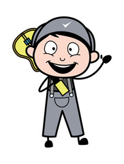Obraz premium Holding a Guitar and Saying Hi with Hand Gesture - Retro Repairman Cartoon Worker Vector Illustration