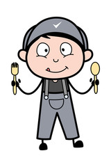 Showing Cutlery Item - Retro Repairman Cartoon Worker Vector Illustration