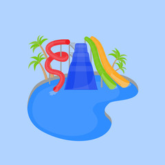 Cartoon Family water park with slides and pool. Flat summer vacation entertainment, active holiday rest. Aqua park extreme attraction