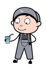 Drinking Water - Retro Repairman Cartoon Worker Vector Illustration