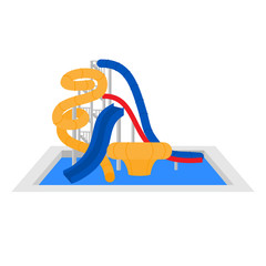 Cartoon Family water park with slides and pool. Flat summer vacation entertainment, active holiday rest. Aqua park extreme attraction
