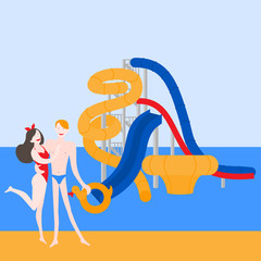 Pool party in water park with slides. Summer vacation entertainment. Cople having active holiday rest. Cartoon Aqua park extreme attraction