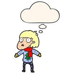 cartoon surprised christmas person and thought bubble in comic book style
