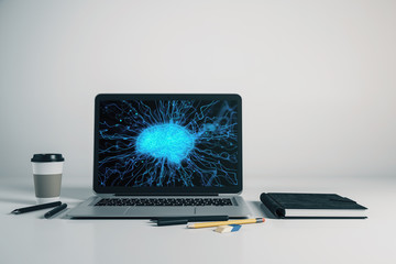 Laptop closeup with brain drawing on computer screen. Big data concept. 3d rendering.