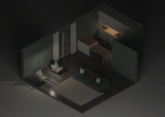Fototapeta na wymiar Modern house interior. Orthogonal projection. View from above. 3D rendering.