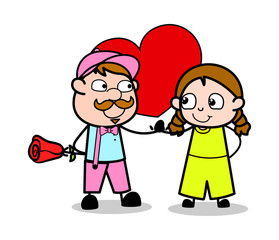 Cute Valentine Couple with Rose - Retro Delivery Man Vendor Vector Illustration