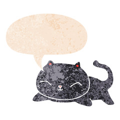 cartoon cat and speech bubble in retro textured style