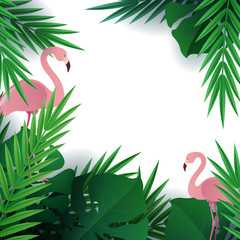 Fototapeta na wymiar Hello summer, summertime. Background of tropical plants. Flat bird flamingo. Palm leaves, jungle leaf. The poster for sale and an advertizing sign. Vector