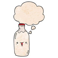 cute cartoon milk bottle and thought bubble in grunge texture pattern style