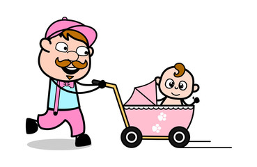 Running with Baby in a Pram - Retro Delivery Man Vendor Vector Illustration