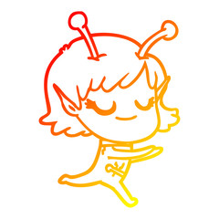 warm gradient line drawing smiling alien girl cartoon running