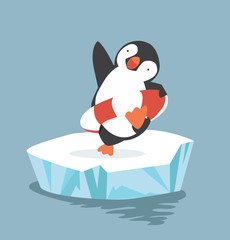 cartoon penguin inflatable ring  on the sea