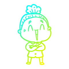 cold gradient line drawing cartoon happy old lady