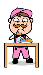 Eating Snacks - Retro Delivery Man Vendor Vector Illustration