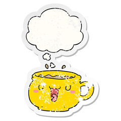 cute cartoon coffee cup and thought bubble as a distressed worn sticker