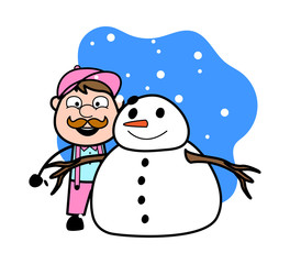 Standing with a Snowman - Retro Delivery Man Vendor Vector Illustration