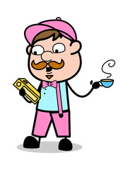 Holding a Cup of Tea and Searching a Book - Retro Delivery Man Vendor Vector Illustration