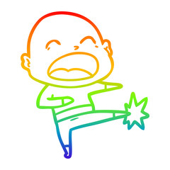 rainbow gradient line drawing cartoon bald man kicking