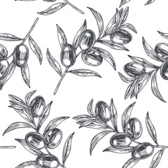 Materiał do szycia Vector vintage seamless pattern with olive branch in engraving style. Hand drawn texture with plant. Black and white botanical sketch for oil design. Healthy food