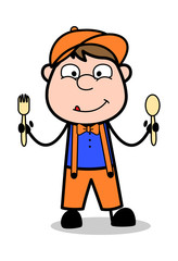 Showing Spoons - Retro Cartoon Carpenter Worker Vector Illustration