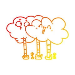 warm gradient line drawing cartoon trees with faces
