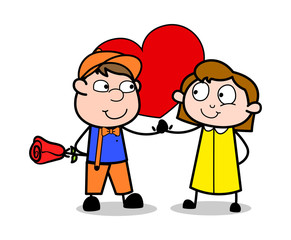 Celebrating Valentine - Retro Cartoon Carpenter Worker Vector Illustration