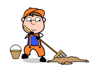 Brooming - Retro Cartoon Carpenter Worker Vector Illustration