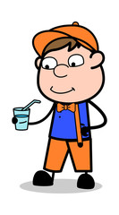 Drinking Energy Water - Retro Cartoon Carpenter Worker Vector Illustration