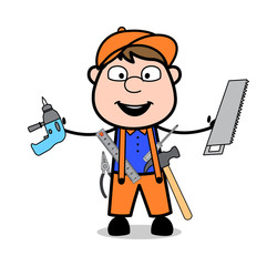 Holding Many Tools - Retro Cartoon Carpenter Worker Vector Illustration