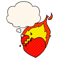 cartoon flaming heart and thought bubble in comic book style