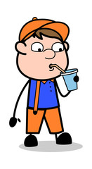 Drinking Cold Water - Retro Cartoon Carpenter Worker Vector Illustration