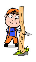 Cutting a Tree - Retro Cartoon Carpenter Worker Vector Illustration